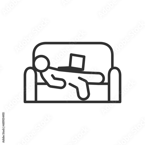 A person lying on a couch with a laptop, linear icon. Idleness, idle lying, laziness. Line with editable stroke