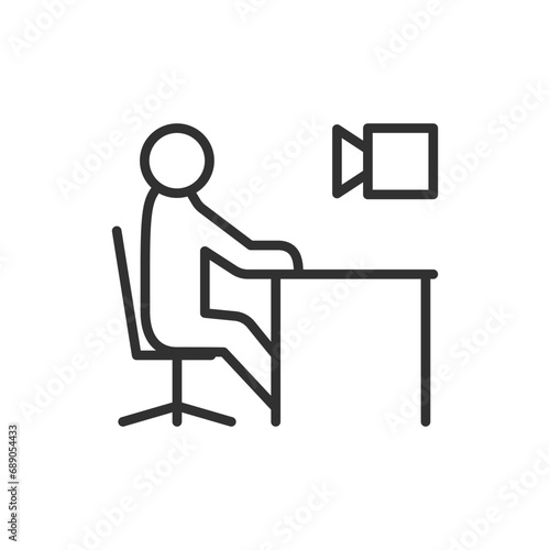 Video call, linear icon, person at the table in front of the camera. Line with editable stroke