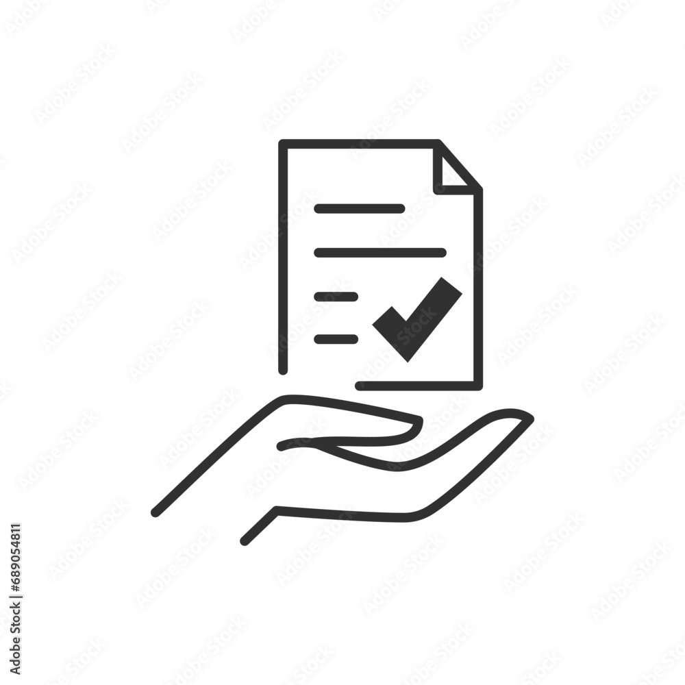A document with a check mark in hand, icon. A checked and approved document - obrazy, fototapety, plakaty 