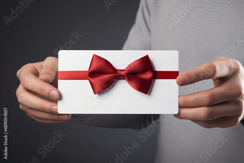 Man in suit holding white card with red ribbon. Blank space to add text or design. Ai Generative