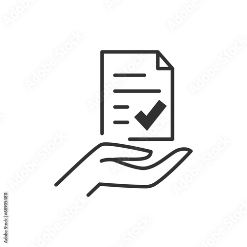 A document with a check mark in hand, icon. A checked and approved document