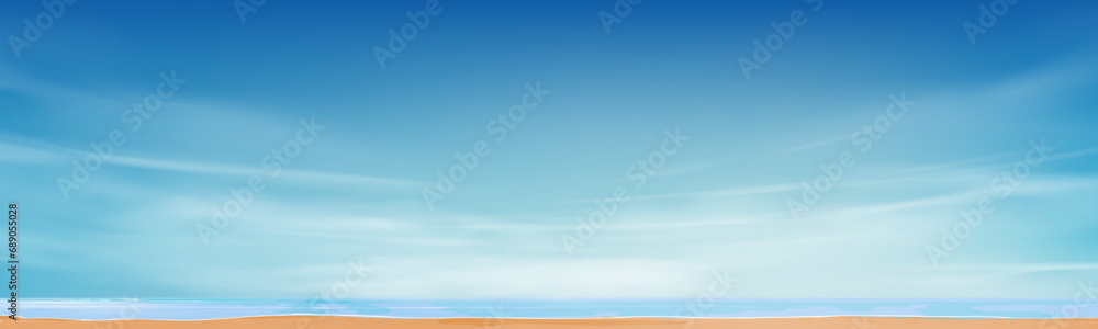 Sky Blue,Cloud on the Beach Sand,Summer Background Sea landscape with Sunset yellow sky in evening,Vector Horizon beautiful nature tropical coast seashore beach with morning sunrise forHoliday Banner