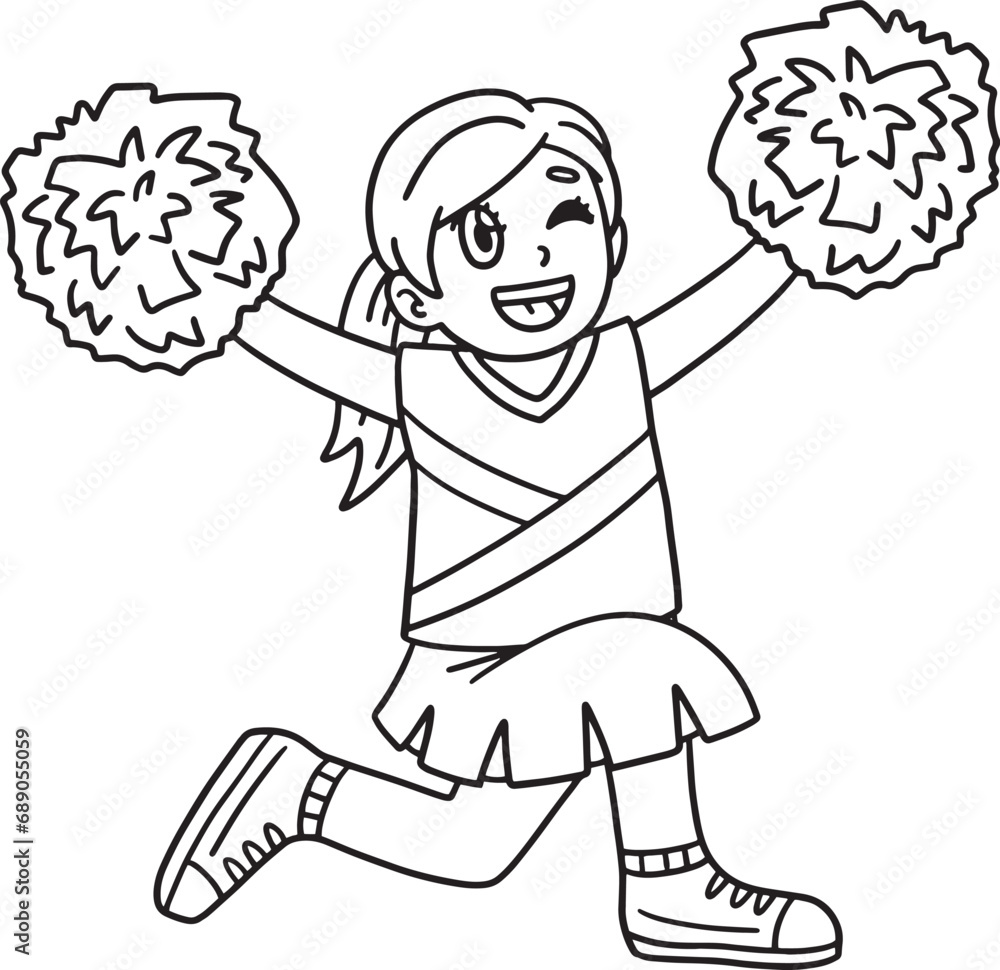 Girl Cheerleader Kneeling with Pompoms Isolated