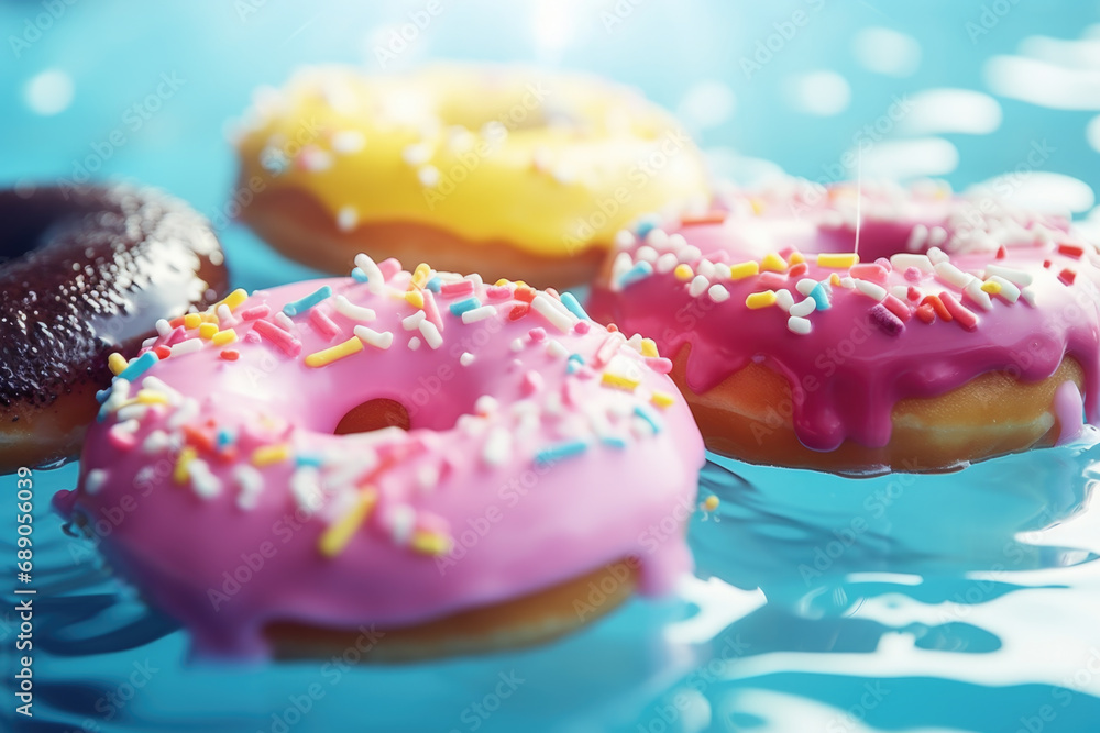 Colorful frosted donuts floating on blue. Concept highlights playful indulgence. Colorful frosted donuts floating on blue. Concept highlights playful indulgence.