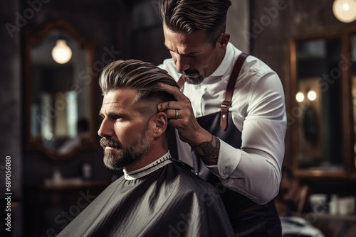 A professional barber skillfully executes a traditional men's haircut, using meticulous tools and techniques for a precise, clean look, showcasing his artistry and mastery.