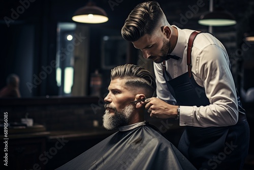 A professional barber skillfully executes a traditional men's haircut, using meticulous tools and techniques for a precise, clean look, showcasing his artistry and mastery.