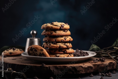 photo wide selective closeup shot of a stack of baked chocolate cookies 