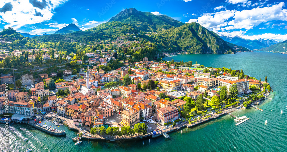 Como Lake and town of Menaggio waterfront aerial panoramic view