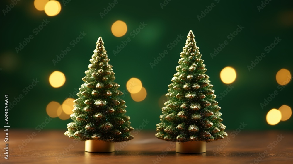 Two christmas trees on green background with xmas Gold bokeh lights. copy space.