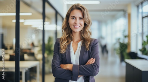 Smiling Businesswoman in Modern Office: Frontal Daytime View