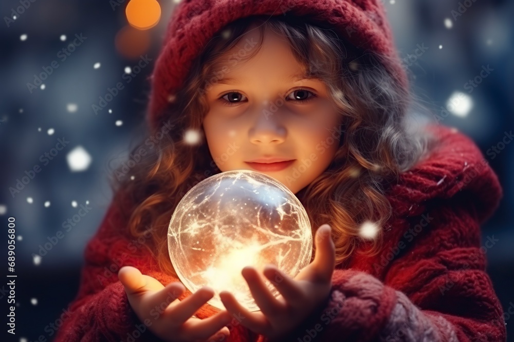 Naklejka premium little girl with a magical Christmas fairy ornament in her hands