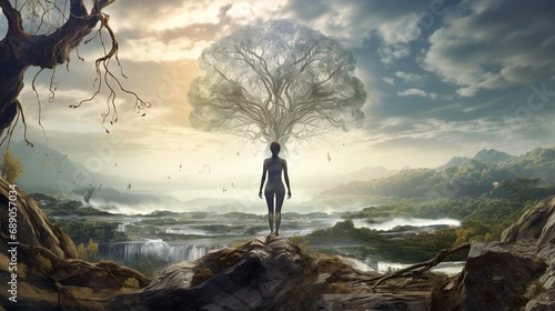 Surreal Human-to-Tree Transformation in Dreamy Landscape