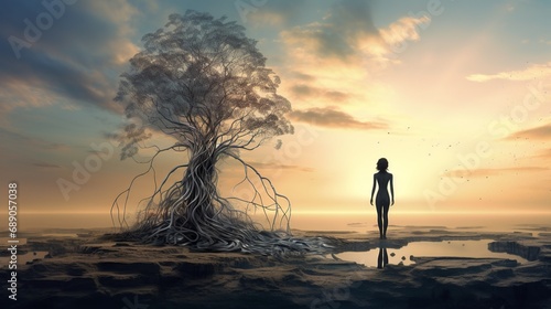 Surreal Human-to-Tree Transformation in Dreamy Landscape