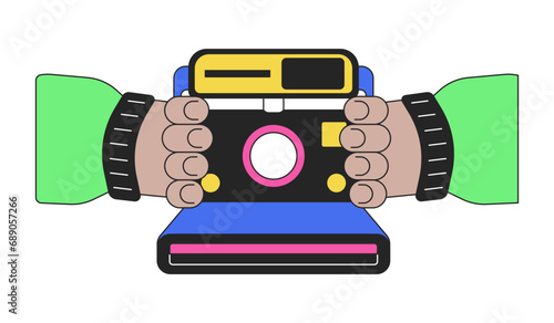 Holding retro instant camera linear cartoon character hands illustration. Vintage pictures taking outline 2D vector image, white background. Using photocamera old fashioned editable flat color clipart