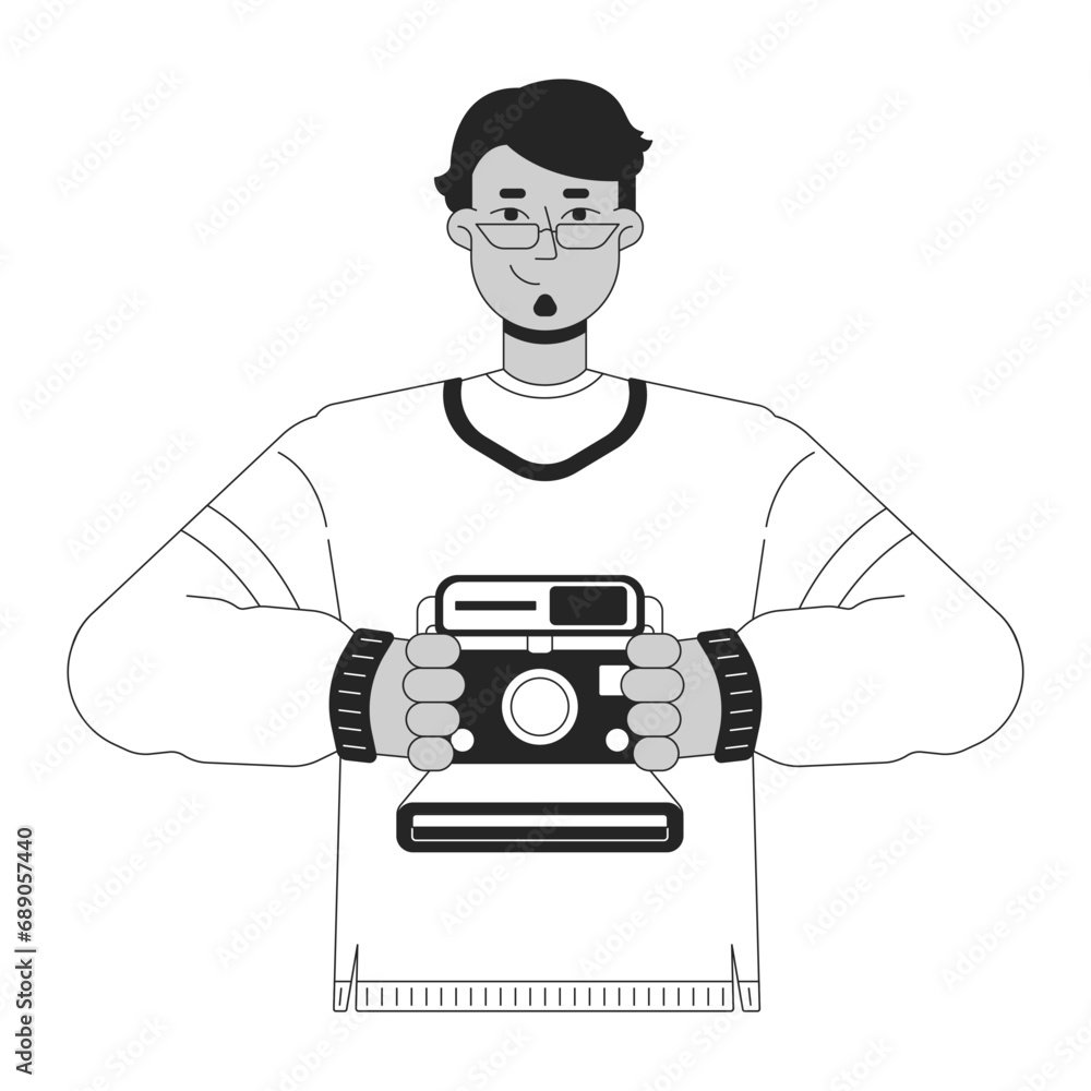 Cheerful arab man holding retro camera black and white 2D line cartoon character. Middle eastern guy taking photo isolated vector outline person. Nostalgia memory monochromatic flat spot illustration