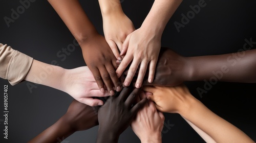 All hands together  united diversity or multi-cultural partnership in a group