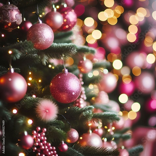 Christmas Tree With Ornaments In Pink- Baubles Hanging On Fir Branches With Glittering And Bokeh Lights In Abstract Defocused Background  