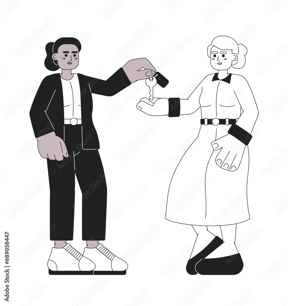 Female seller buyer handing over key black and white 2D cartoon characters. Diverse professional women isolated vector outline people. Purchasing car deal monochromatic flat spot illustration Female seller buyer handing over key black and white 2D cartoon characters. Diverse professional women isolated vector outline people. Purchasing car deal monochromatic flat spot illustration