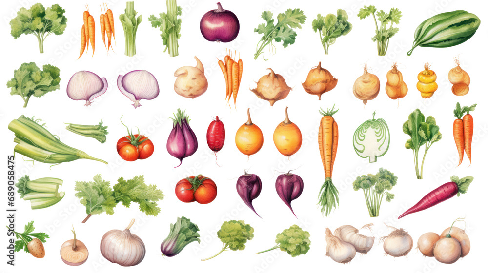 Illustration of vegetables Isolated vegetable elements Isolated on a clear background, PNG file. - obrazy, fototapety, plakaty 