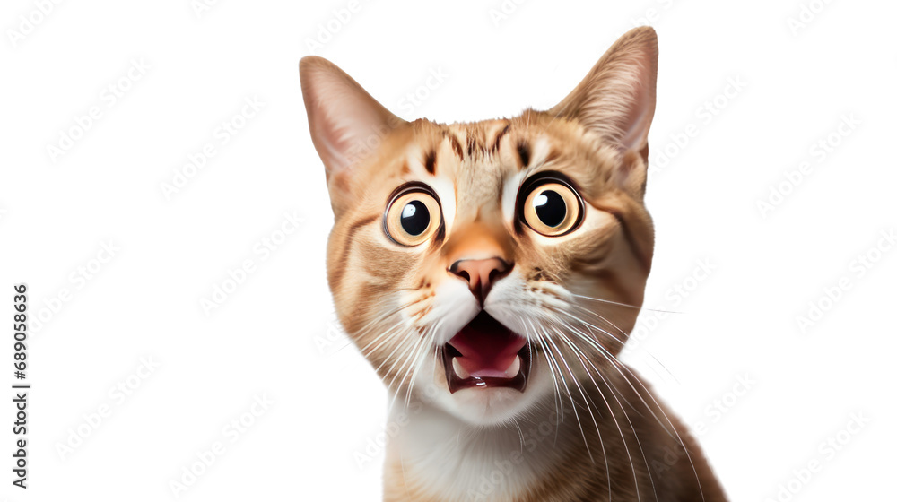 Funny surprised cat. Closeup. Isolated on transparent background. PNG file.