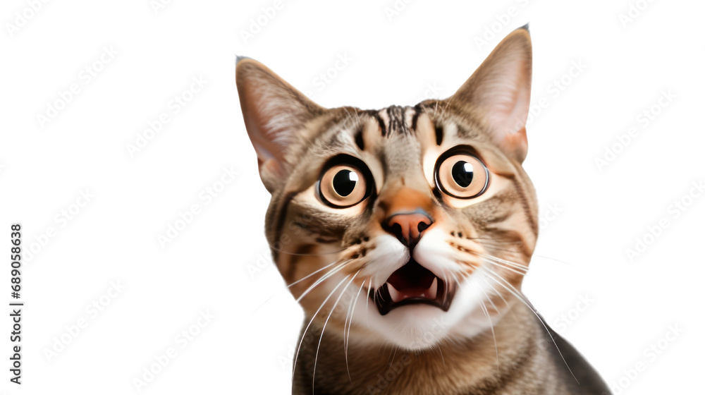 Funny surprised cat. Closeup. Isolated on transparent background. PNG file.