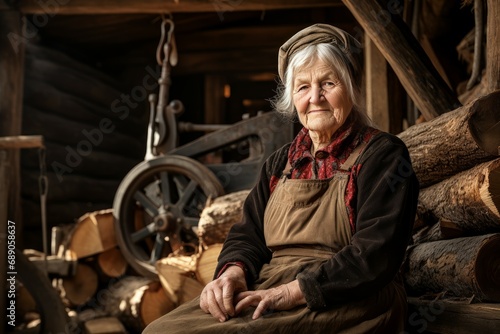 Skilled Carpenter old woman sawmill. Wood cabinet. Generate Ai