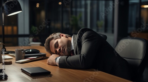 CEO sleeping on a table with his face down. Exhausted businessman falling asleep at workplace