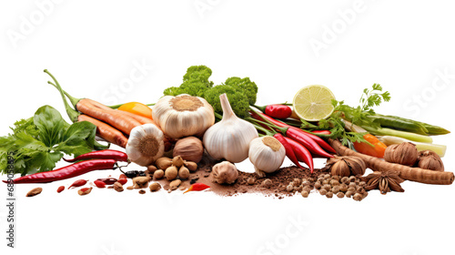 Fototapeta Naklejka Na Ścianę i Meble -  Watercolor vegetables, dried chilies, shallots, garlic, chilli, galangal, lemongrass, tom yum seasoning, Thai seasoning, isolated on clear background, PNG file.