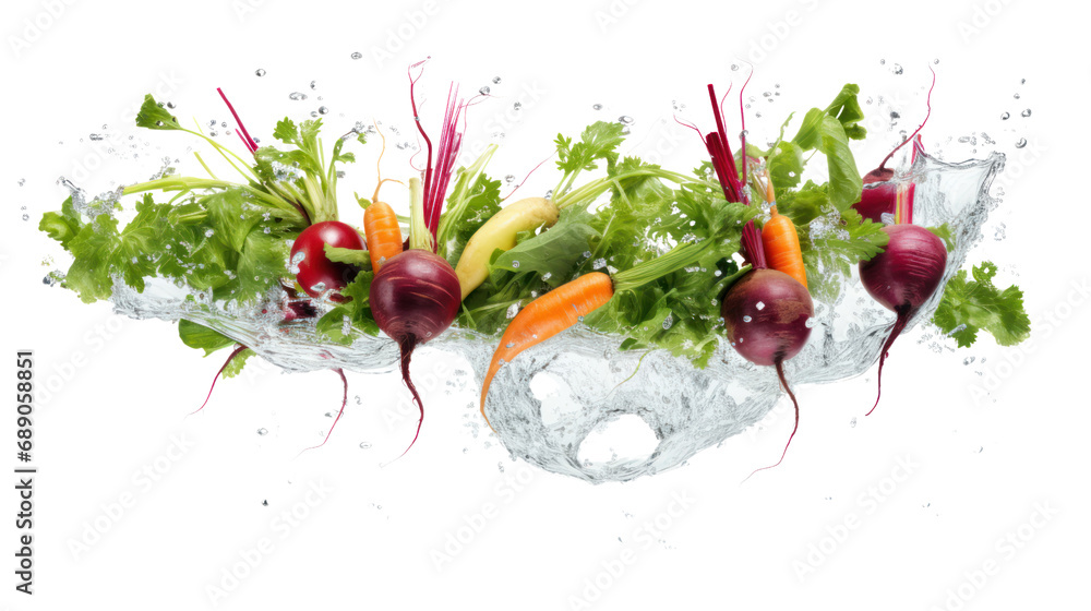 Floating mixture of root crops, vegetables and greens with splashing ...