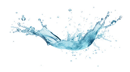 Clear blue water splashes and waves with drops. Vector liquid splash with drops. Realistic isolated 3D element. Isolated on clear background, PNG file.