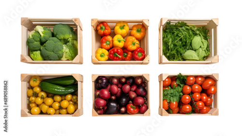 Box with various fresh vegetables. Top view. Space for text isolated on PNG file. Transparent background.