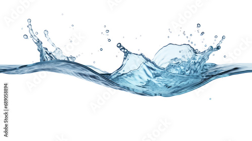 Clear blue water splashes and waves with drops. Vector liquid splash with drops. Realistic isolated 3D element. Isolated on clear background, PNG file.