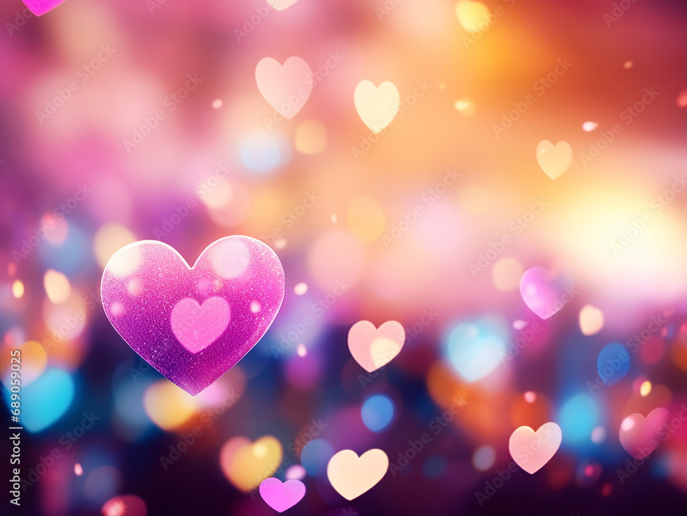 Lots of shiny multicolored hearts and bokeh, a congratulatory festive background for Valentine's day