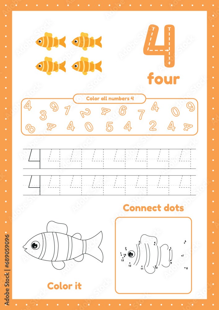 Obraz premium Kids preschool worksheet with many exercises. Learn number four. Coloring, tracing fish