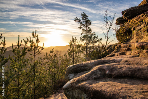 Landscape shot on a sandstone rock in the forest. Morning mood at sunrise at a viewpoint. A small tree and a summit cross stand on the Rötzenfels in the Palatinate Forest, Germany photo