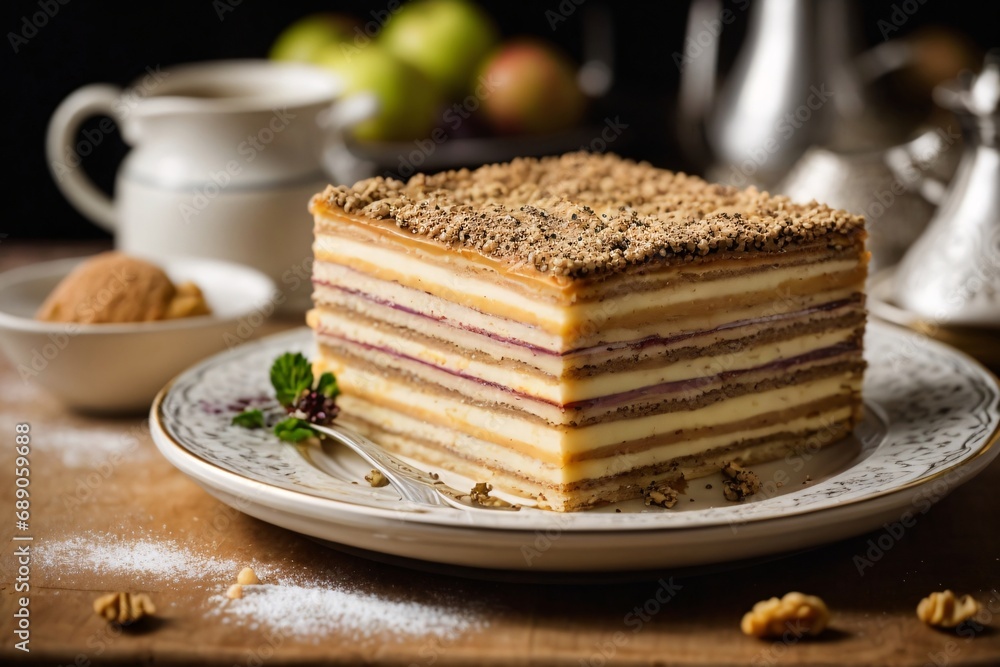 Traditional Hungarian Jewish pastry, filled with layers of apple puree, layers of walnuts