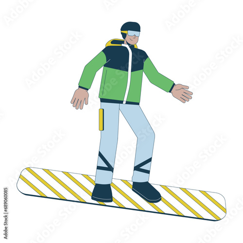 Snowboarder male latin american 2D linear cartoon character. Hispanic man wearing warm clothing isolated line vector person white background. Snowboarding vacation color flat spot illustration