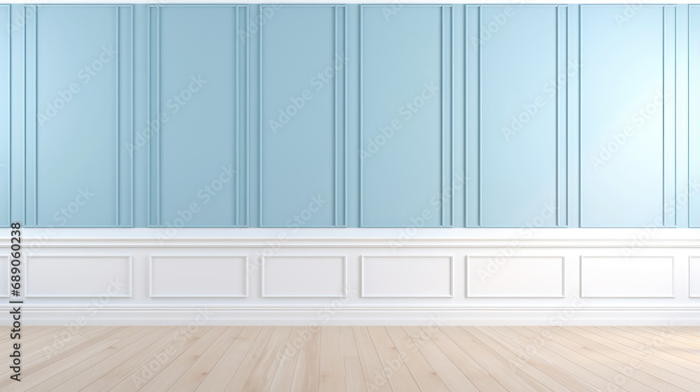 Elegant empty room with light blue tall walls. Frame wall molding decorating. Wooden floor. Copy space. Generative AI Elegant empty room with light blue tall walls. Frame wall molding decorating. Wooden floor. Copy space. Generative AI