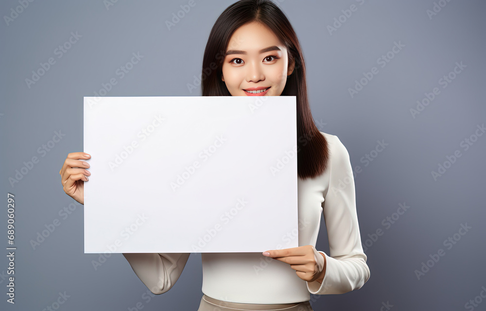 smiling Asian woman hold empty blank white paper, mockup poster and sign idea, Generative Ai smiling Asian woman hold empty blank white paper, mockup poster and sign idea, Generative Ai
