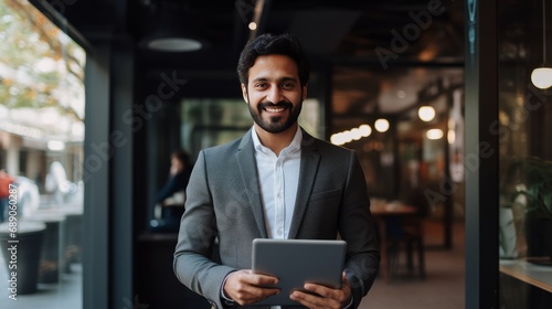 Happy smiling indian business man employee or manager standing isolated on gray background holding using digital tablet advertising online product, business trainings webinars, websites or services photo