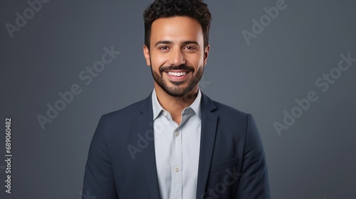 Happy smiling indian business man employee or manager standing isolated on gray background holding using digital tablet advertising online product, business trainings webinars, websites or services photo