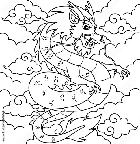 Year of the Dragon with Clouds Coloring Page 