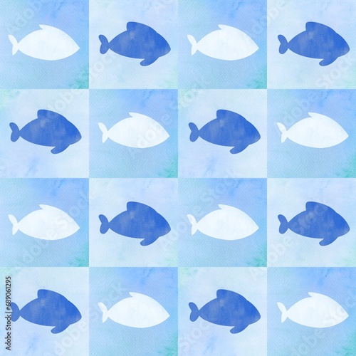 cute watercolor hand drawn seamless pattern with blue silhouette of sea fish. marine childish illustration for design, print, wallpaper, wall decor in baby bedroom. repeating aquarium background
