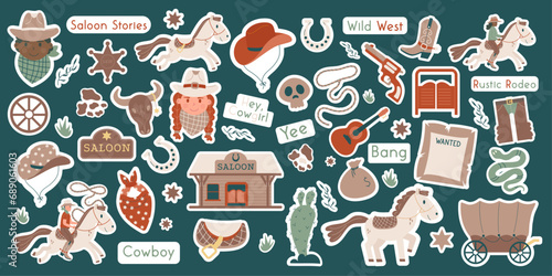 Wild west set stickers. Western elements. Flat design set with cowboy handgun