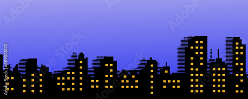 Dawn of the morning city. Panorama of the city landscape  architectural silhouette. Skyscrapers  horizon line. Sunset  rising sun in the sky. Halftone  contemporary art. Vector illustration.
