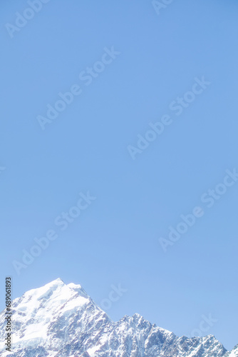 Landscape of a snowy mountain, blue sky and a flower out of focus. New Zealand. Travel. Copy space