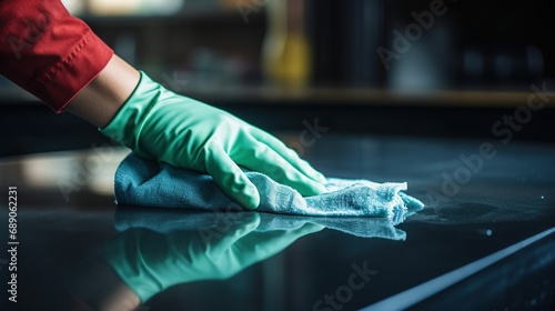 A close-up of hands meticulously cleaning a glass surface with a microfiber cloth, spray bottle in hand