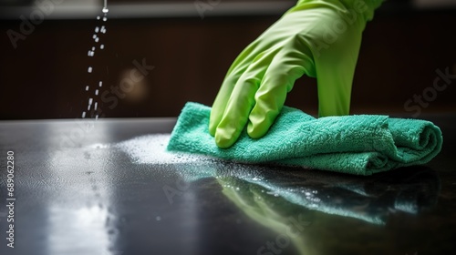 A close-up of hands meticulously cleaning a glass surface with a microfiber cloth, spray bottle in hand photo