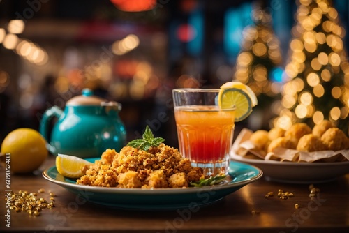 Food and drink against a festive restaurants bokeh background.
