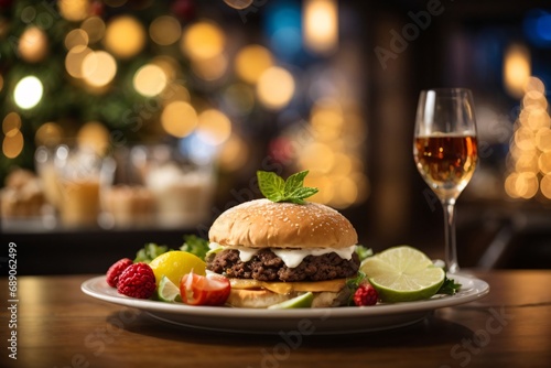 Food and drink against a festive restaurants bokeh background.